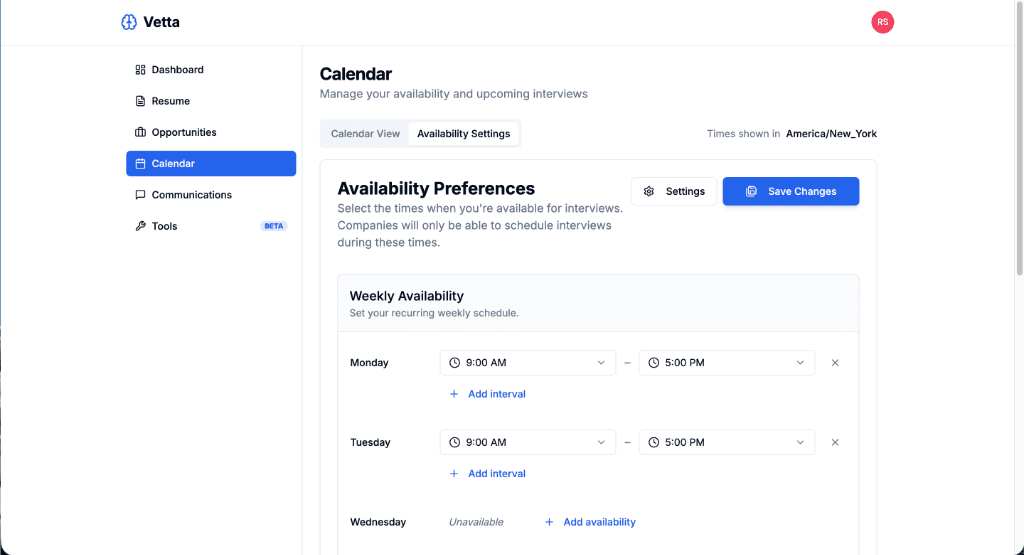 Candidate Availability and Interview Scheduling Preferences in Vetta