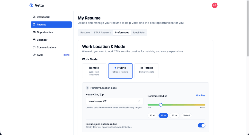 Work Location and Mode Preferences in Vetta