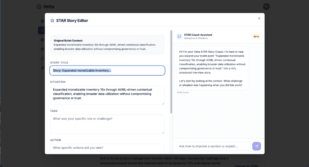 Vetta STAR Story Editor with AI Coach Assistant