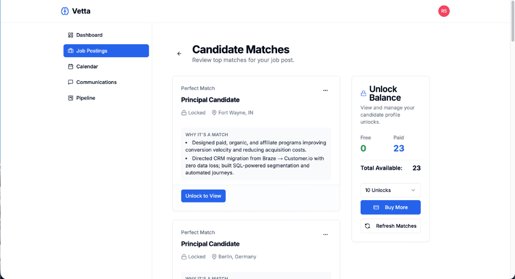 Candidate Matches and Unlock Balance in Vetta