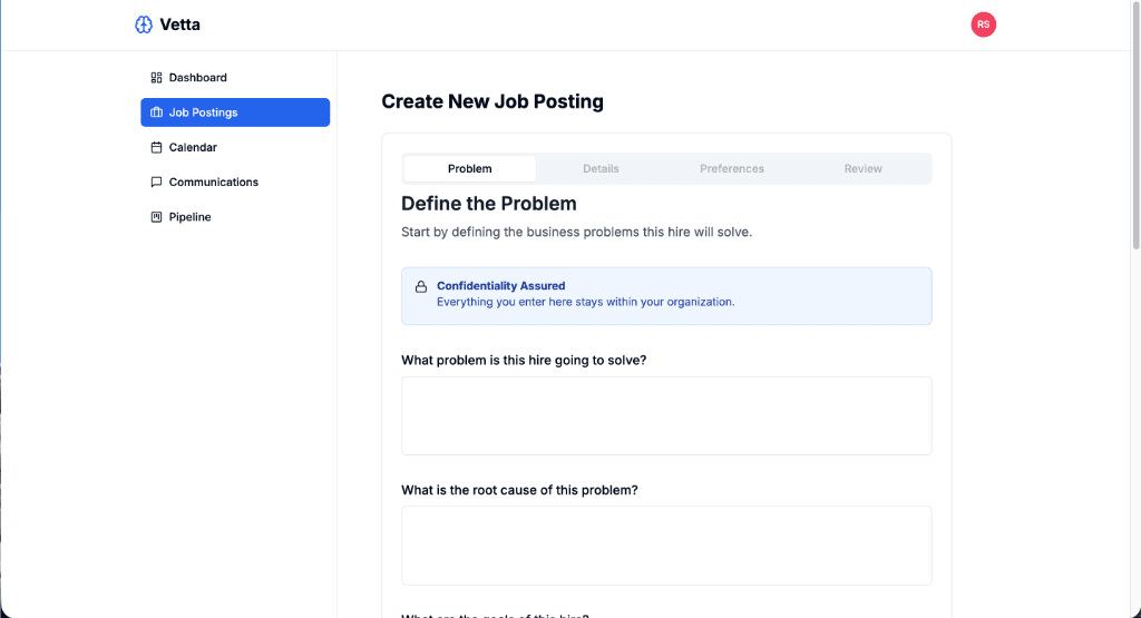 Create New Job Posting and Define Problem in Vetta
