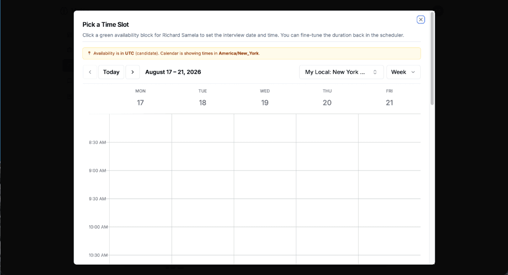 Pick a Time Slot Interview Scheduler in Vetta