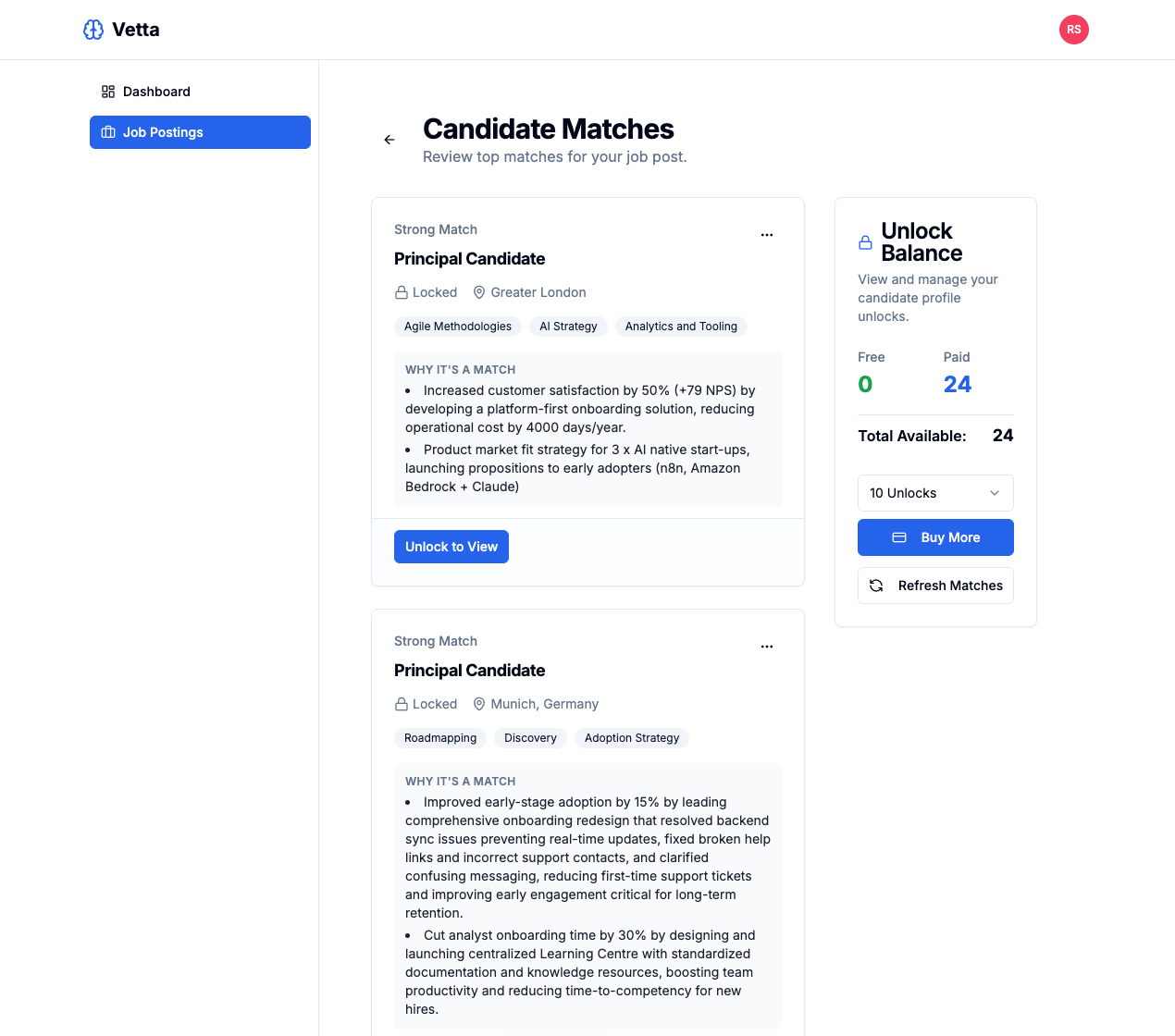 Vetta Candidate Matching Interface